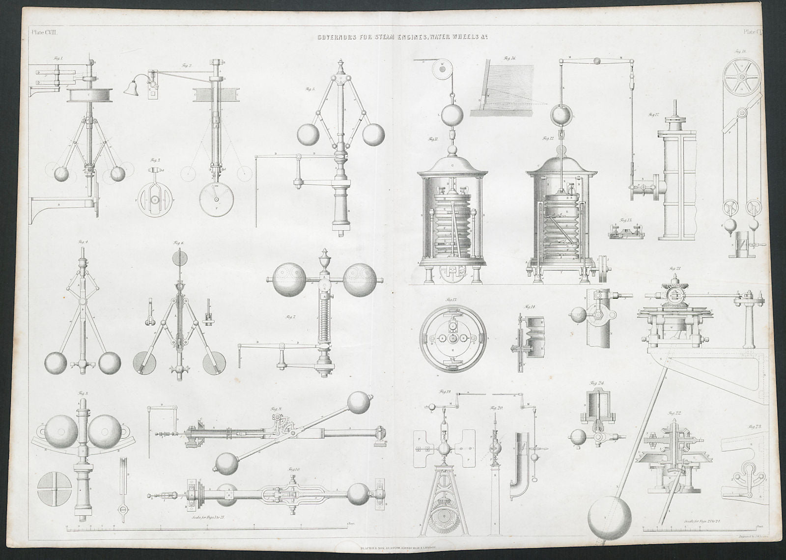 VICTORIAN ENGINEERING DRAWING Governors for steam engines & water wheels 1847